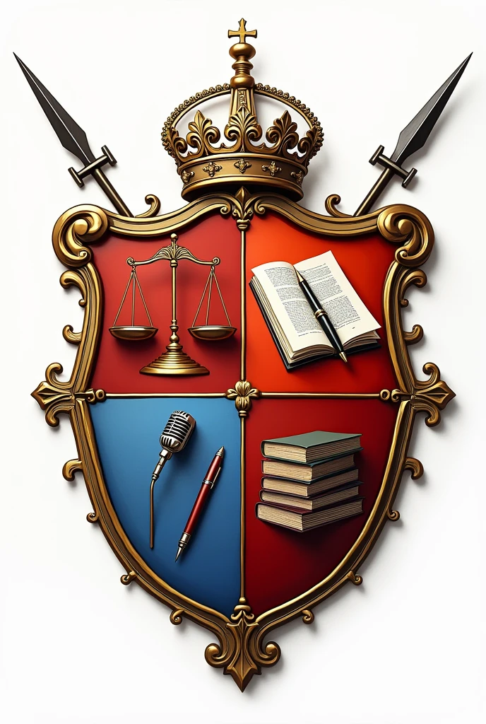 Generate coat of arms for the surname LUGO. Divide the shield into 4 quarters and place the following elements in them: 1) a scale of justice and a sword, 2) microphone, sheet of paper and fountain pen, 3) books, 4) caduceus. External decorations of the shield, a pair of spears