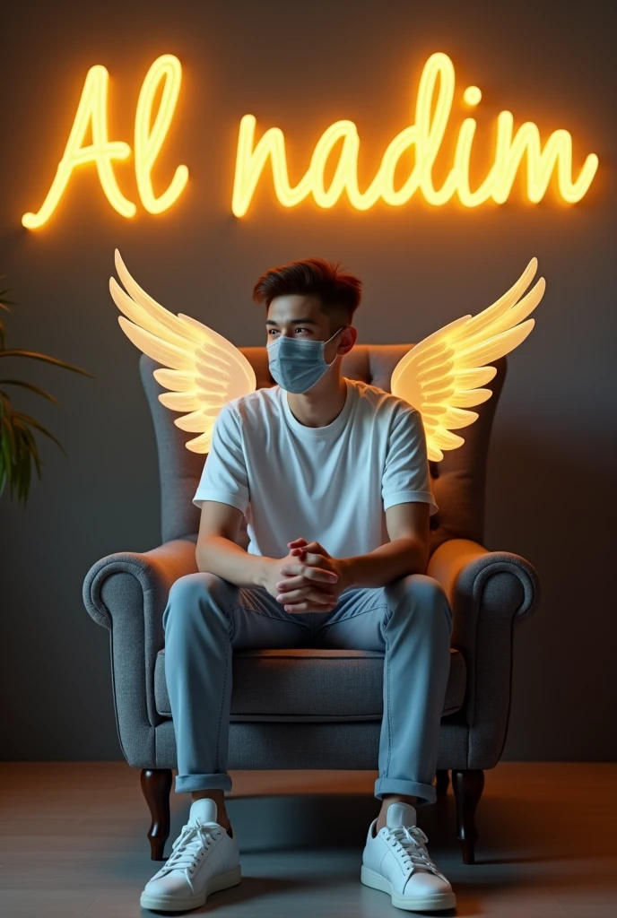 Create a 3D illusion for a profile picture where a 25 year old cute boy in a white shirt sitting casually on a wingback chair. Wearing sneakers. he looks aheab. the background features "Al nadim" in big and capital yellow neon light fonts on the dark grey wall. There should not be his shadow. And there are Wings to make it appear as it he is an angel hi is wearing a mask