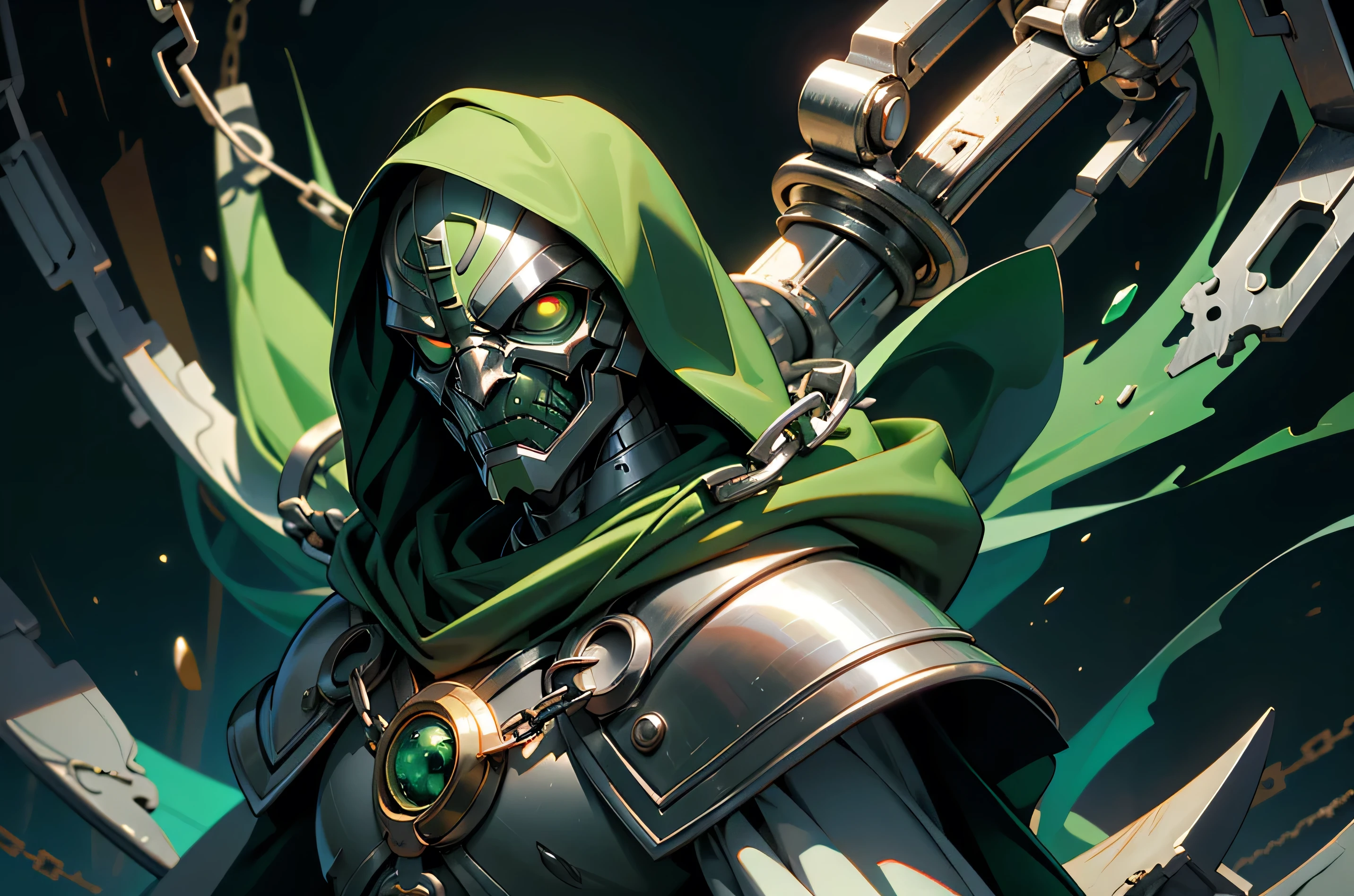 (masterpiece:1.2, best quality:1.2), ((masterpiece)), (((best quality))), ((ultra-detailed)), ((illustration)), (1man, male, solo), (doctor doom, green hood, cloak, chains, green eyes), silver metal mask, white markings, silver metal gauntlet, full gray suit, broad shoulders, chaos, ((hell, underworld)), fisheye lens
