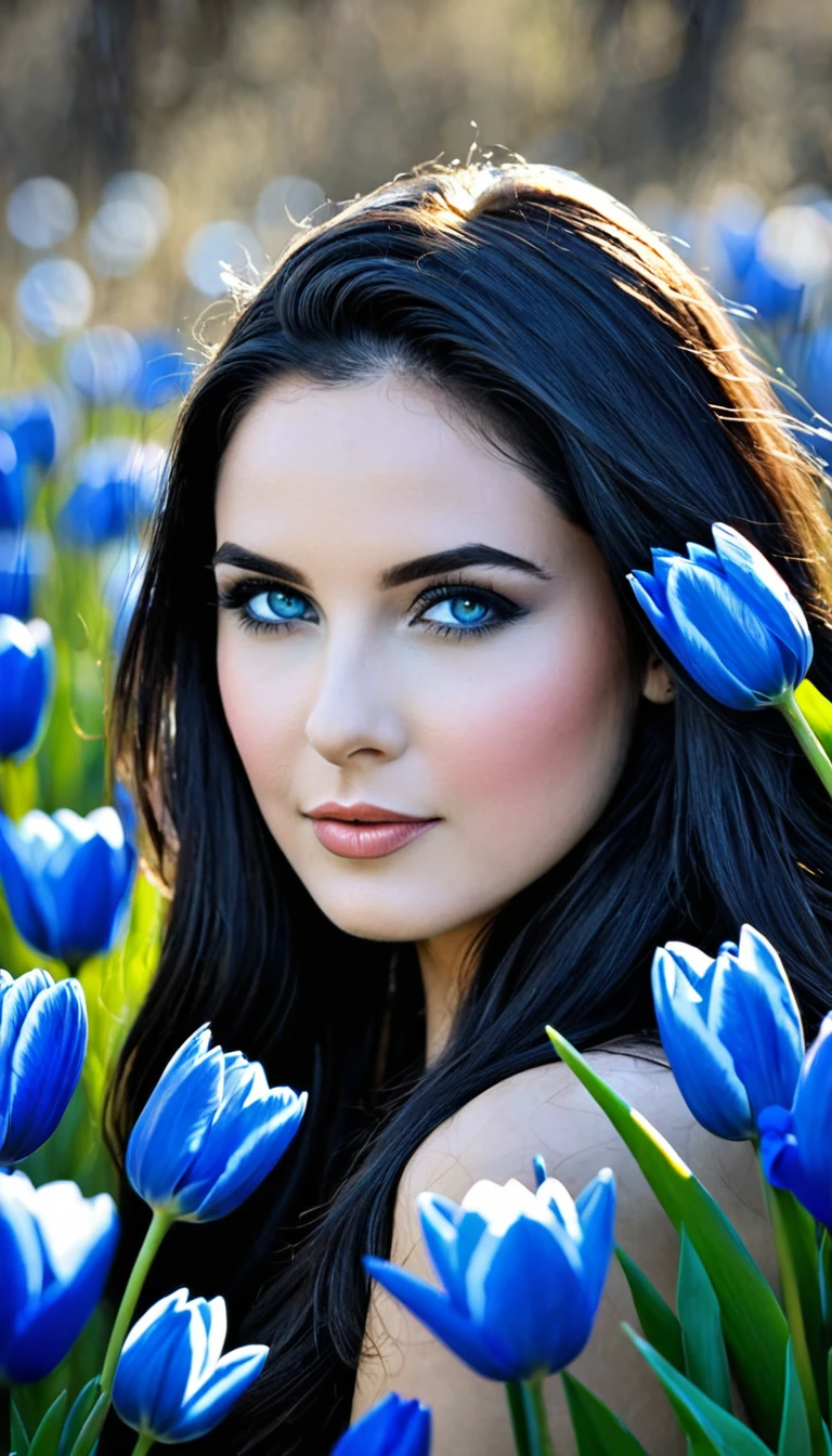 Photo noir et blanc et bleu profond, une femme aux yeux bleus sublimes, (longs cheveux aux reflets bleus électriques très détaillés), une peau impeccable, tir à moitié du corps, tenant une tulipe darkblue, intensité du regard captivant, style de photographie fantaisiste, capturé avec un appareil photo Arriflex 35BL utilisant des objectifs Canon K25, Cinématique, Éclairage dramatique, Extrêmement clair, masterpiece surréaliste à couper le souffle.
