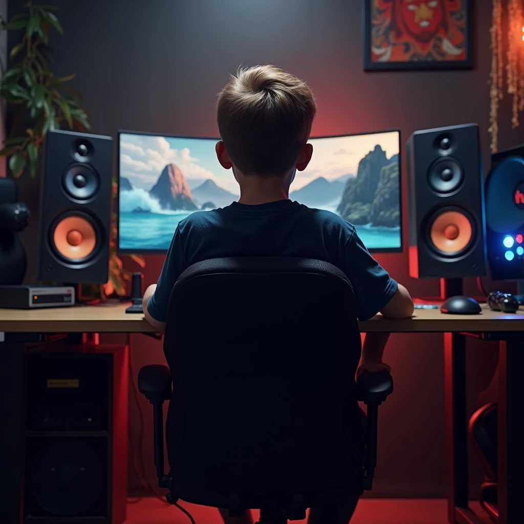 A boy who is sitting in his studio, there is a computer in front of him. He is looking towards his room right in the middle. His chair is sitting on a lion. His chair is black and there is lighting in the background. The gaming setup is right in front.