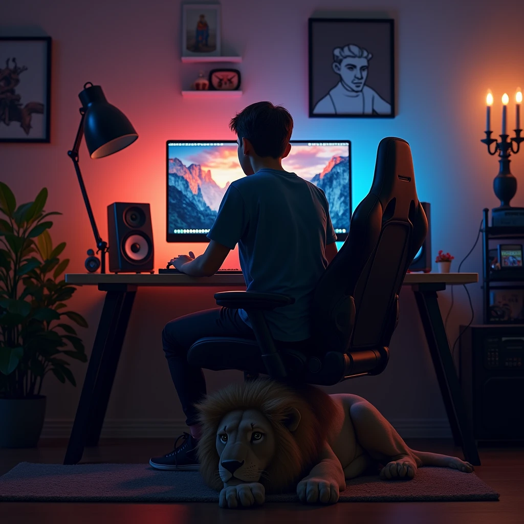 A boy who is sitting in his studio, there is a computer in front of him. He is looking towards his room right in the middle. His chair is sitting on a lion. His chair is black and there is lighting in the background. The gaming setup is right in front.