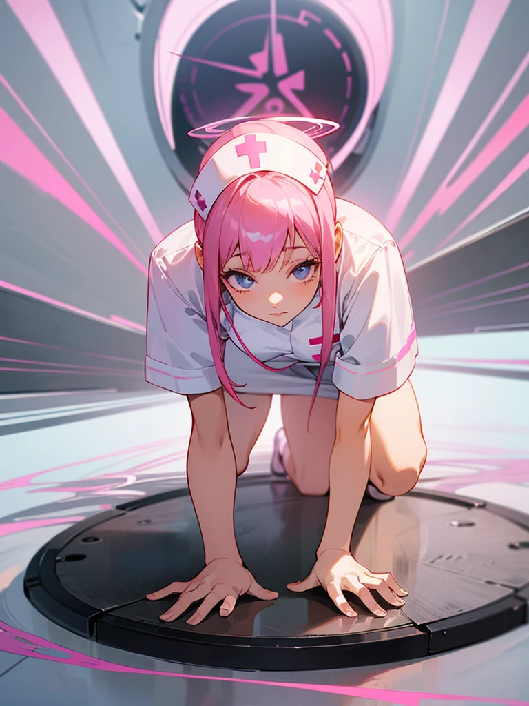 a beautiful young anime nurse girl with a pink angelic halo, bending over, working diligently, detailed anime nurse girl, edgy anime style, highly detailed, 8k resolution, high quality, bottom view angle, low angle, 4k digital art, gapmoe, smooth anime cg art, by Shitao, pink hair