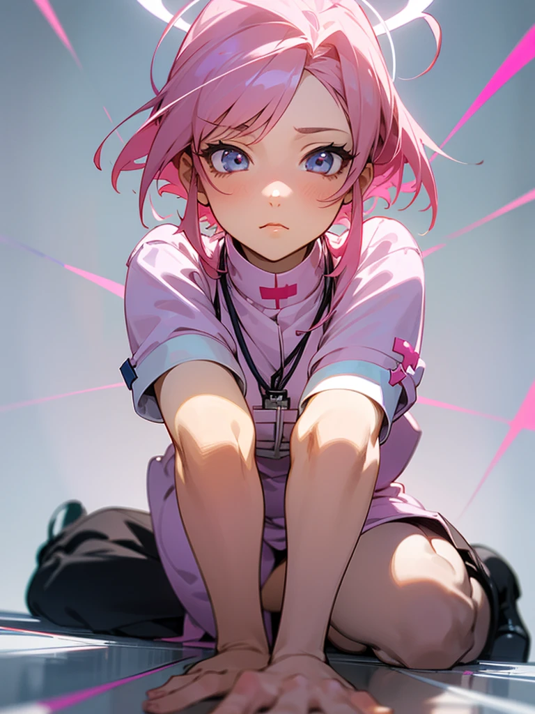 a beautiful young anime nurse girl with a pink angelic halo, bending over, working diligently, detailed anime nurse girl, edgy anime style, highly detailed, 8k resolution, high quality, bottom view angle, low angle, 4k digital art, gapmoe, smooth anime cg art, by Shitao, pink hair