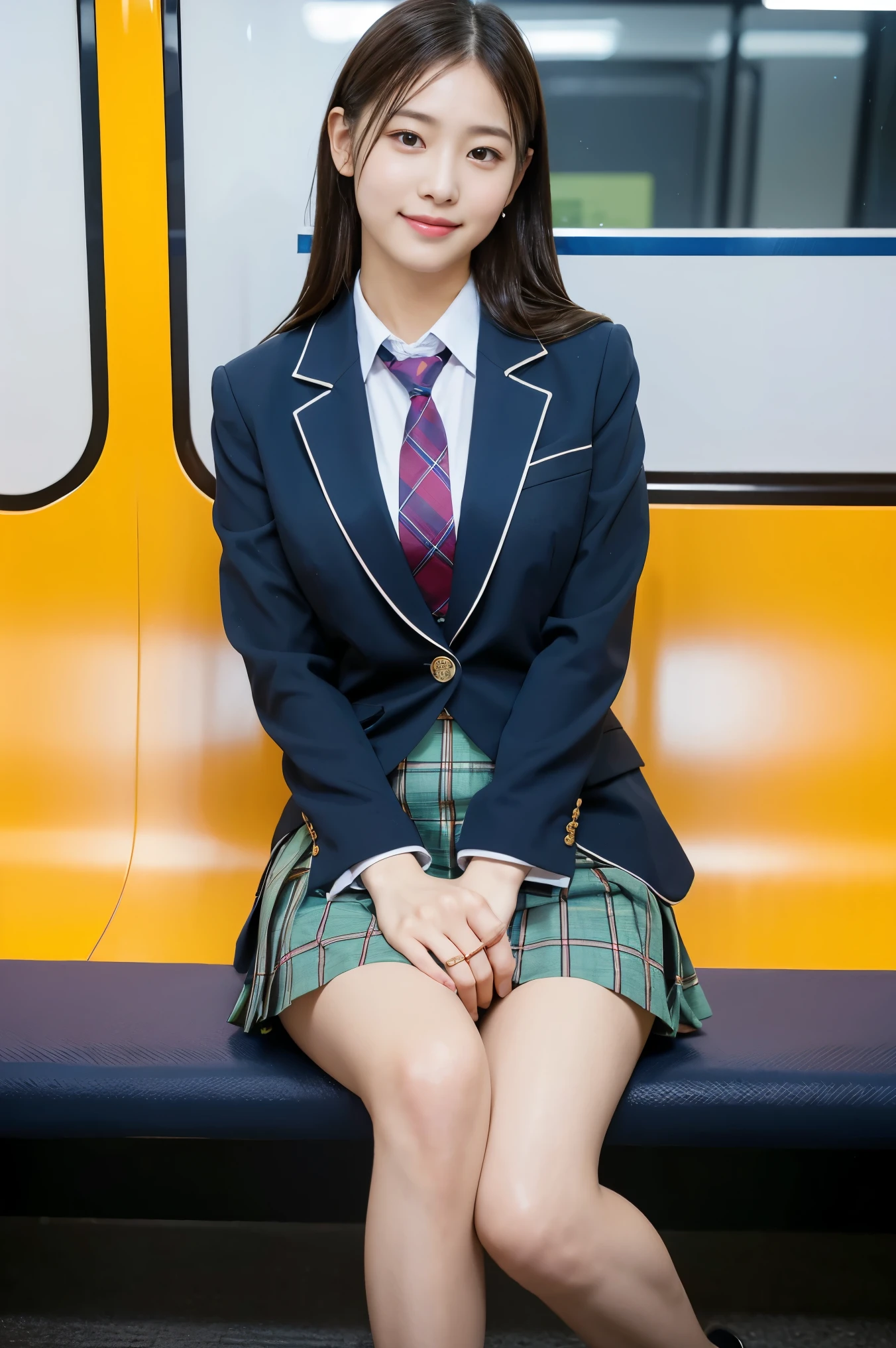 (8K), (highest quality: 1.2), (realistic), (realistic: 1.37), ultra high resolution, 1 girl, cute, smile, closed mouth, beautiful details, beautiful nose, wet hair, giant dulcefo, pork, thighs,Self snap,University Student Uniform,Sitting on a Tokyo train,simple blazer,pleated skirt,(The pattern of the skirt and tie is a tartan check pattern..:1.3),cross your legs,thighs