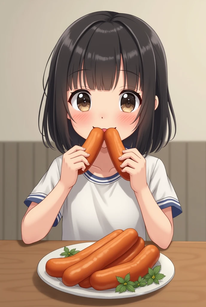 Realistic photo of a 9-year-old Japanese girl eating long sausages, cute panties and underwear