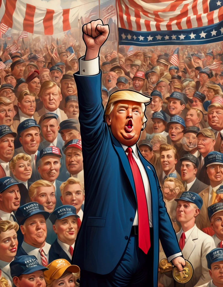 attend a Donald Trump a bitcoin in his right hand rally (huge crowd) and hold up a Trump banner, 1940s styling