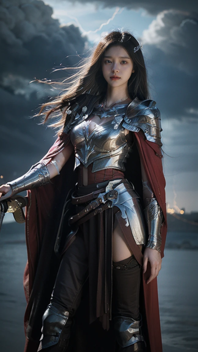 masterpiece, best quality, ultra-realistic, female warrior, intricate silver armor with red and gold accents, flowing cape, holding a glowing sword, fierce expression, long braided hair, standing on a battlefield with dark clouds and lightning in the background, fantasy-themed, soft shadows, dramatic lighting, highly detailed character design, 85mm lens, portrait photography