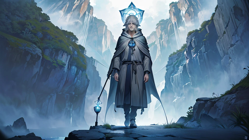 (masterpiece:1.2) Superb quality from the god of art, Very detailed, High resolution, Anime art style, Best Anime 8K , pixiv Contest Winner, Perfect Anatomy ((((Major Arcana The Hermit)))) (((wisdom magic circle background))) ((White eyes Gray Hair center center close-up)) ((peace , Mental power)) (((In a dim blue-grey background、By the light of the lamp、An old man is walking quietly alone along the cliff))) (((Wrapped in a grey cloak that blends in with the world around it、With only a walking stick and a lamp in hand))) (Sage) incantation Runes Shining Background Shining Edges 16:9 Image Sizes