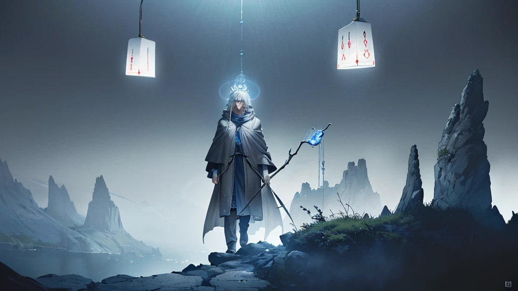 (masterpiece:1.2) Superb quality from the god of art, Very detailed, High resolution, Anime art style, Best Anime 8K , pixiv Contest Winner, Perfect Anatomy  ((((Major Arcana The Hermit))))　(((wisdom　magic circle background)))　((White eyes　Gray Hair　center　center close-up))　((peace , Mental power))  (((In a dim blue-grey background、By the light of the lamp、An old man is walking quietly alone along the cliff))) (((Wrapped in a grey cloak that blends in with the world around it、With only a walking stick and a lamp in hand))) (Sage)　incantation　Runes　Shining Background　Shining Edges　16:9 Image Sizes