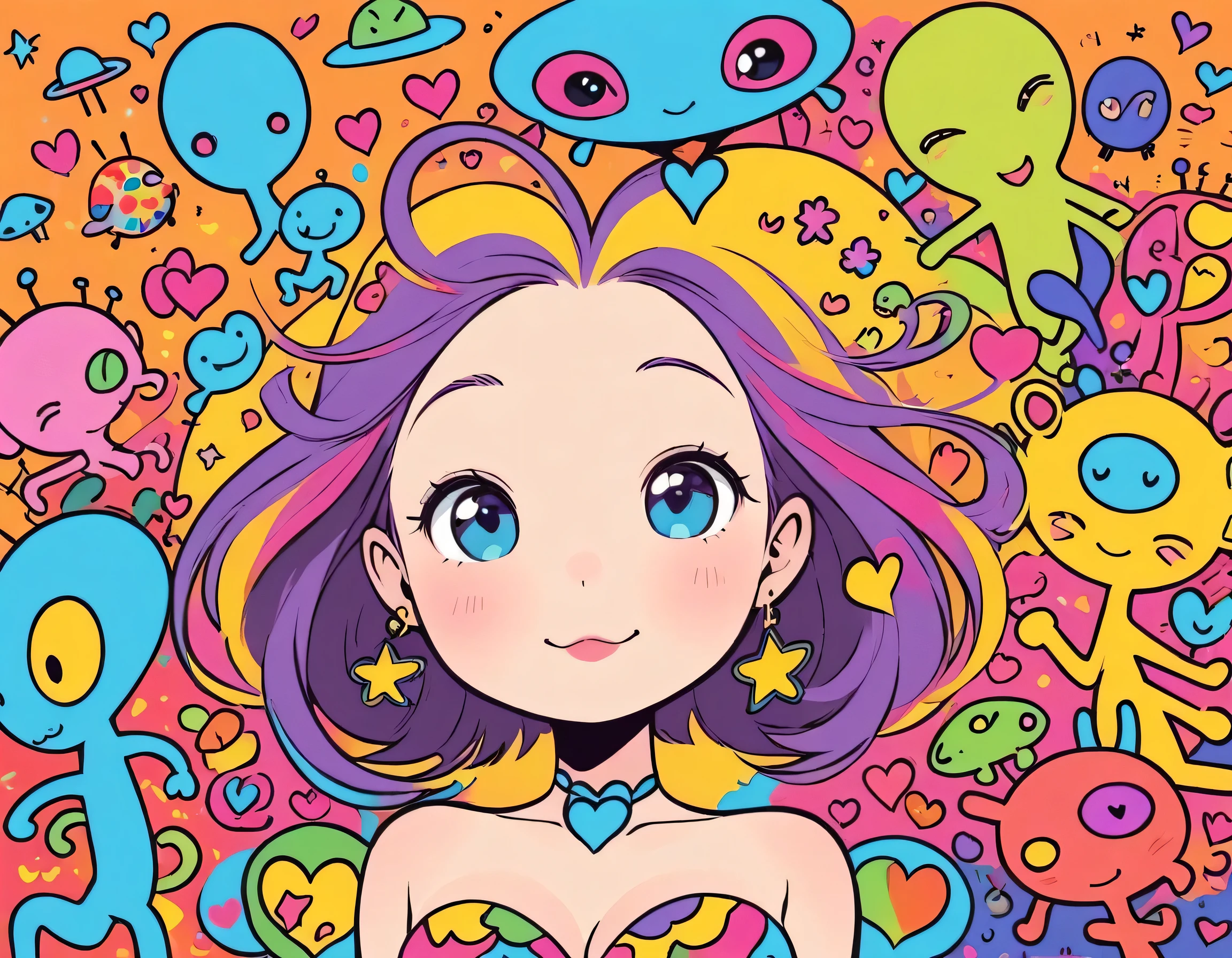 Keith Haring colorfull style, Simple Line Initialism,Abstract art,(((The most beautiful girl of all time))), Sweet face. colorful hearts, funny design, (((bosom buddy ))), (((Cute Aliens))), The background is space