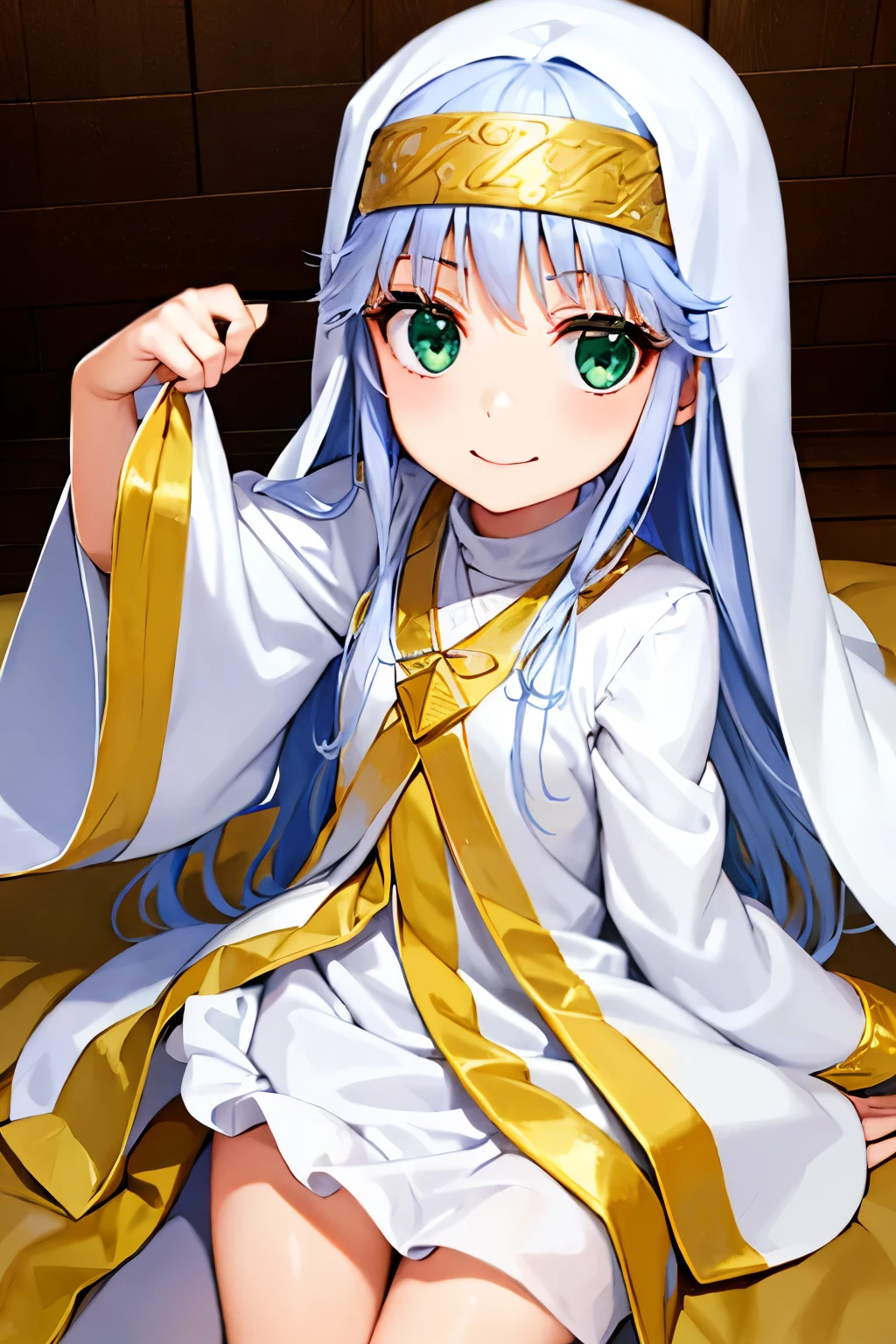 Long silver hair, green eyes, headband, necklace, arabian clothes, flat chest, smile, happy,, beautiful thighs, inside house