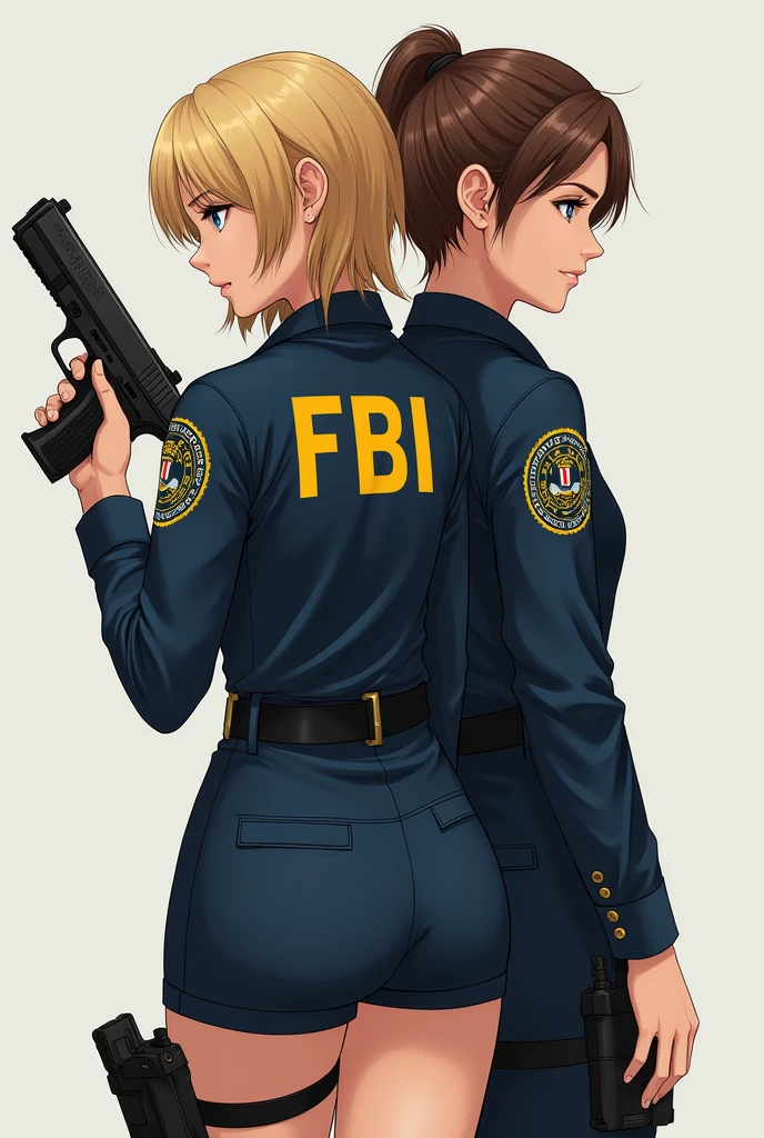 (best quality,ultra-detailed,realistic:1.37),professional,portrait,illustration,blond hair,blue eyes,brown hair,green eyes,female,brown hair,ager, FBI profiler,FBI agent,tech specialist,weapons specialist,partners,full body,shorts,rear
