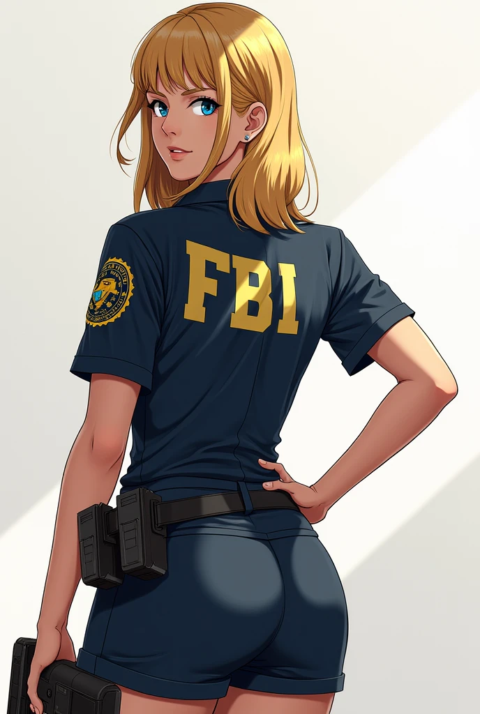 (best quality,ultra-detailed,realistic:1.37),professional,portrait,illustration,blond hair,blue eyes,brown hair,green eyes,female,brown hair,ager, FBI profiler,FBI agent,tech specialist,weapons specialist,partners,full body,shorts,rear