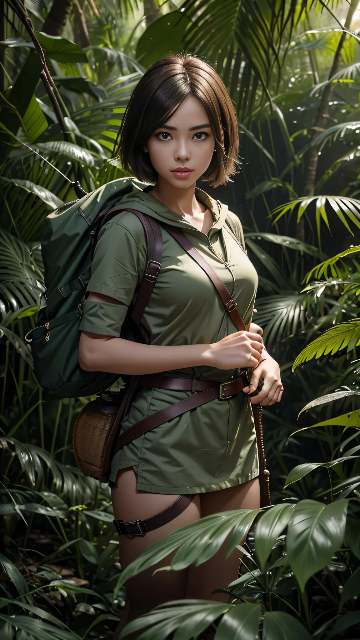 CRU, best qualityer, high resolution, work of art: 1.3), best qualityer, high resolution, work of art: 1.3, Beautiful Malaysian girl, short chignon hair, soft smiling, realisitic, 1 girl, charming eyes, glare eyes,parted lips, whole body, mysterious creature hunter, watching the creature, in ambush, studying the creature found, with a big backpack, in explorer&#39;s outfit, holding a machete, many pockets, many belts, everything is full of gadgets, catches mysterious little creatures, hunt small creatures, mysterious forest, beautiful forest, nature surrounded by flora,  tender Sheets and twigs surrounded by fire flies (natural elements), (jungle theme), (Sheets), (twigs), (fire flies), (particle effects), (ray of light), etc..Octane 3D Rendering, ray tracing, super detailed viewer, close up