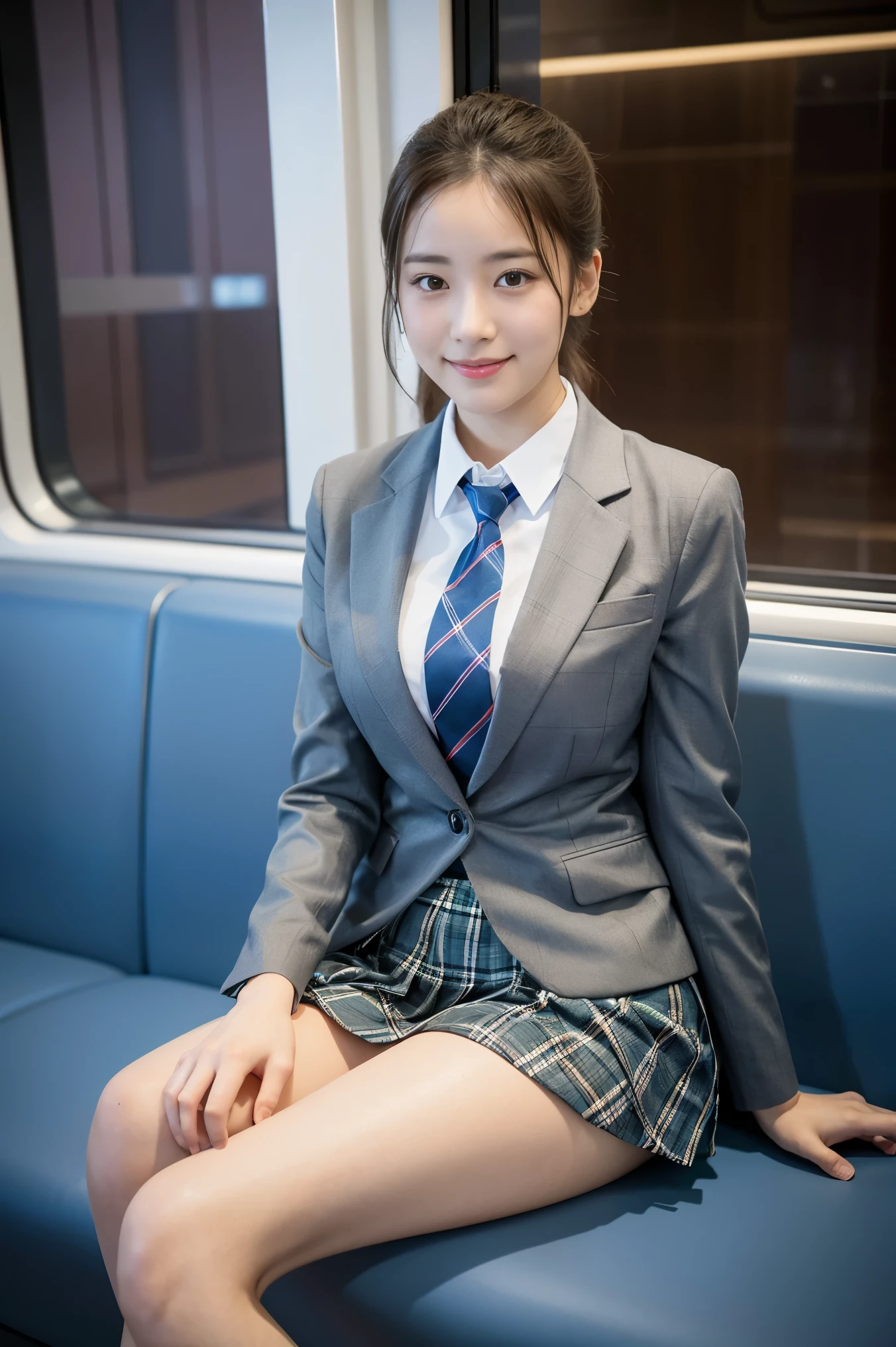 (8K), (highest quality: 1.2), (realistic), (realistic: 1.37), ultra high resolution, 1 girl, cute, smile, closed mouth, beautiful details, beautiful nose, wet hair, giant dulcefo, pork, thighs,Self snap,University Student Uniform,Sitting on a Tokyo train,simple blazer,pleated skirt,(The pattern of the skirt and tie is a tartan check pattern..:1.3),cross your legs,thighs