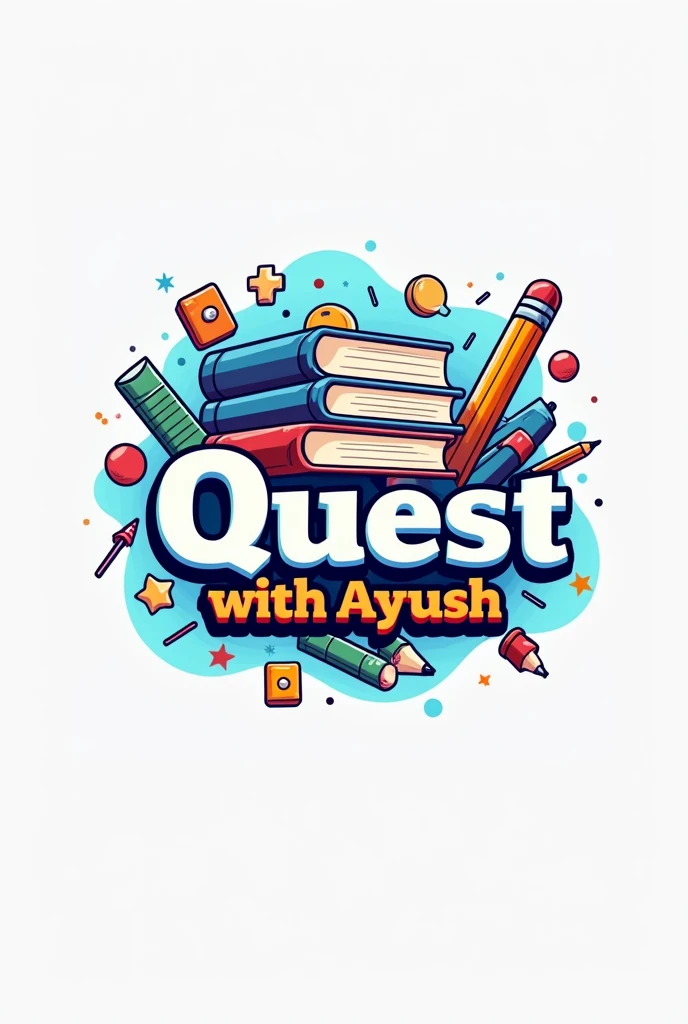 Create a logo for youtube with Quest with Ayush name on it for study related with stylish image in which study related materials are shown to look attractive
