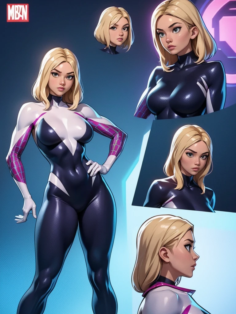 Gwen in the x-men in her new spider x-men suit,Solo, High Resolution, Masterpiece, Best Quality, High Details, High Quality, Large breasts, adult woman, character reference character sheet, x-Men logo on the suit 
￼
￼