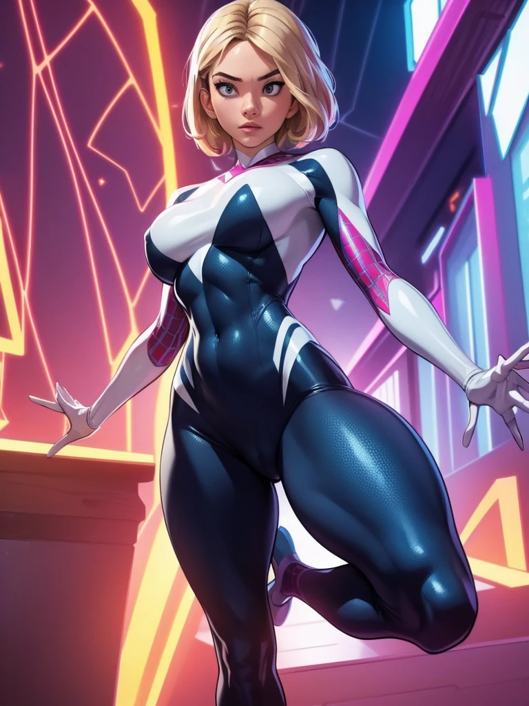 Gwen in the x-men in her new spider x-men suit,Solo, High Resolution, Masterpiece, Best Quality, High Details, High Quality, Large breasts, adult woman, character reference character sheet, x-Men logo on the suit

