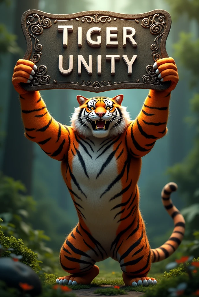 Create an image of a tiger holding the pathfinder shield with the words tiger unity written on it