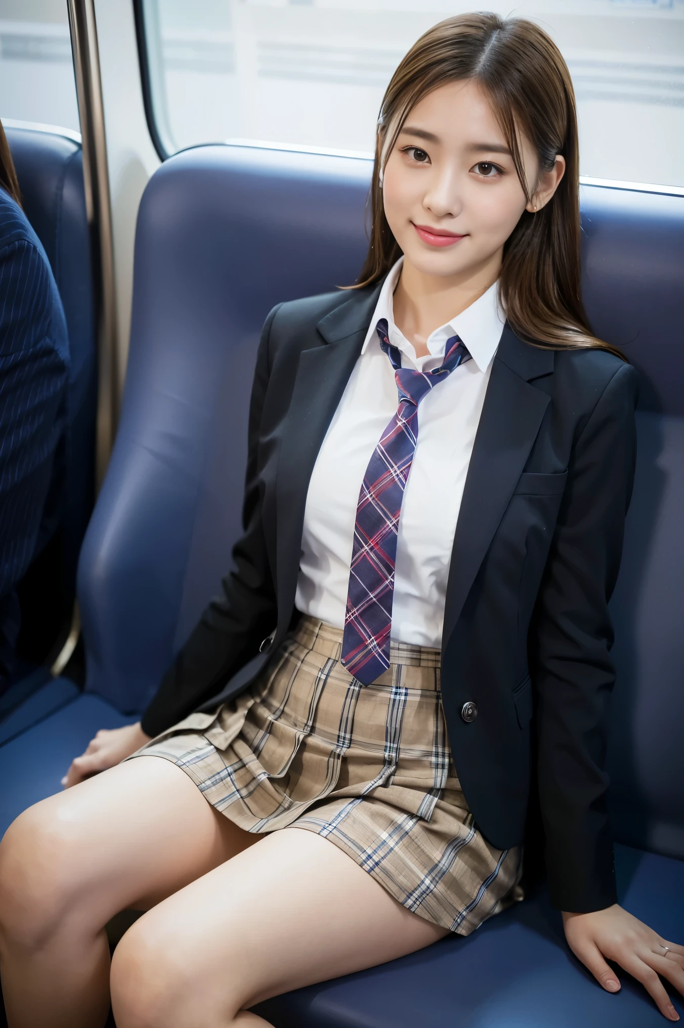 (8K), (highest quality: 1.2), (realistic), (realistic: 1.37), ultra high resolution, 1 girl, cute, smile, closed mouth, beautiful details, beautiful nose, wet hair, giant dulcefo, pork, thighs，Self snap,University Student Uniform,Sitting on a Tokyo train,simple blazer,pleated skirt,(The pattern of the skirt and tie is a tartan check pattern..:1.3),cross your legs,thighs