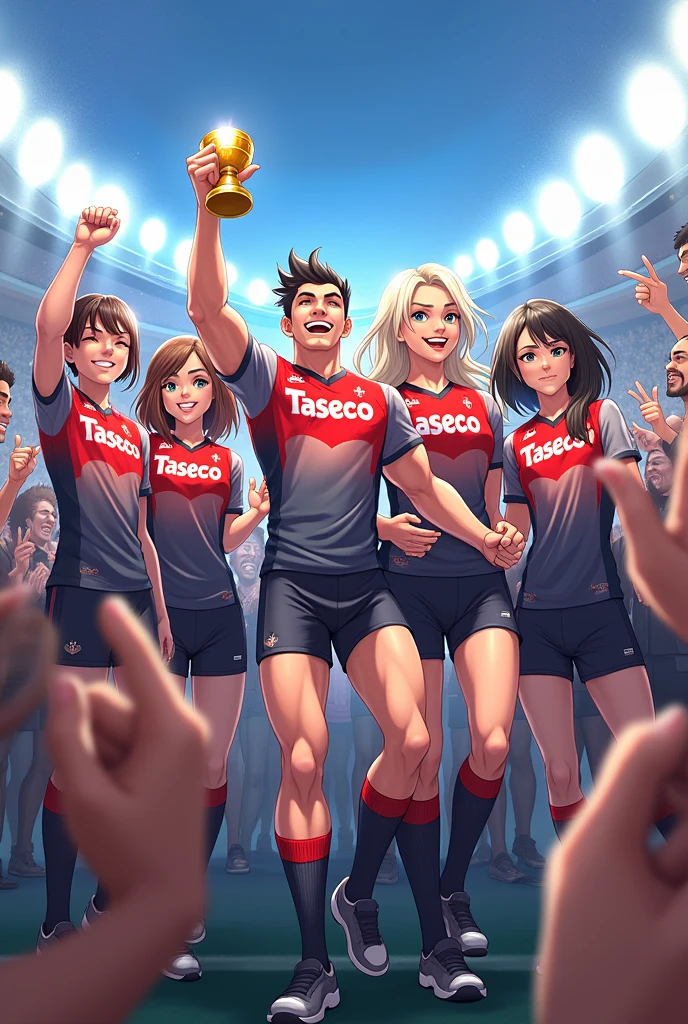 Team 1 champions with name “team 1” big
Team 1 nice better
Peoples see that , add on wave
Shirt with name “Taseco”