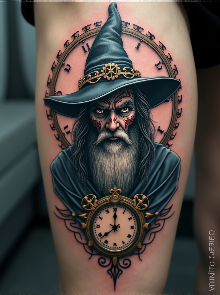 Create wizard tattoo design with clock behind 4k