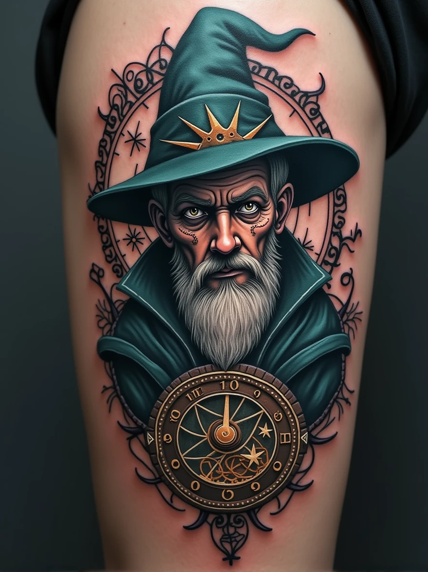 Create wizard tattoo design with clock behind 4k