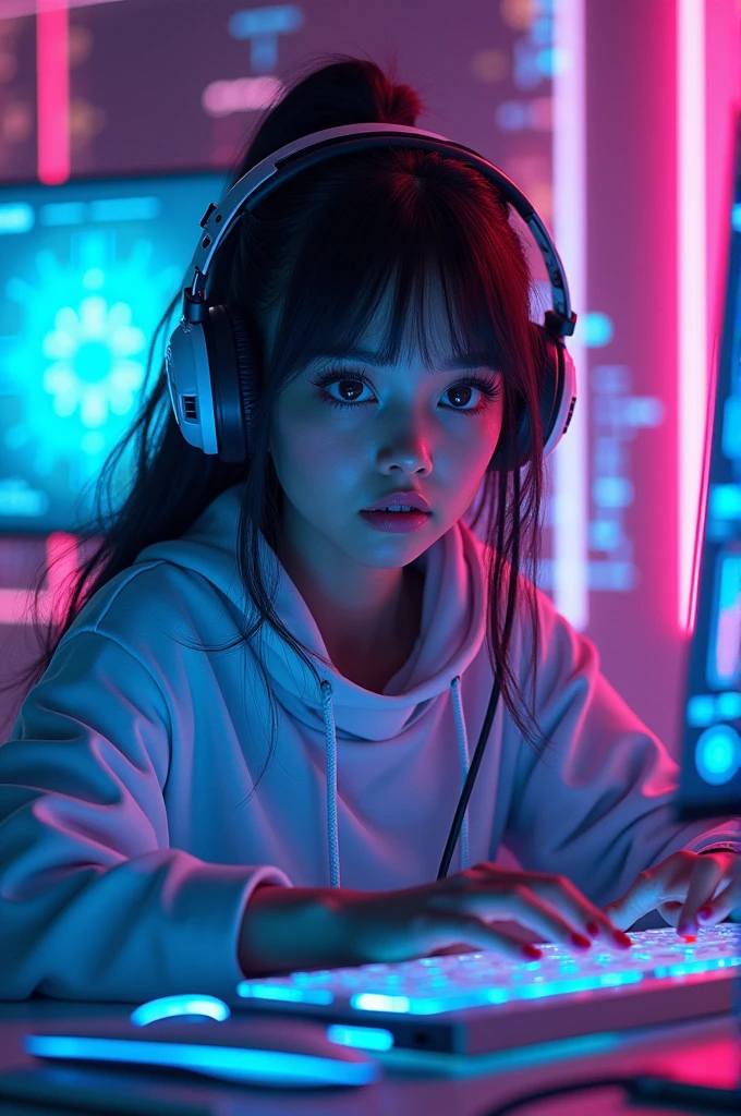 "Create an image of a confident, tech-savvy gamer girl immersed in a futuristic, neon-lit gaming setup, with vibrant colors and holographic game screens surrounding her."