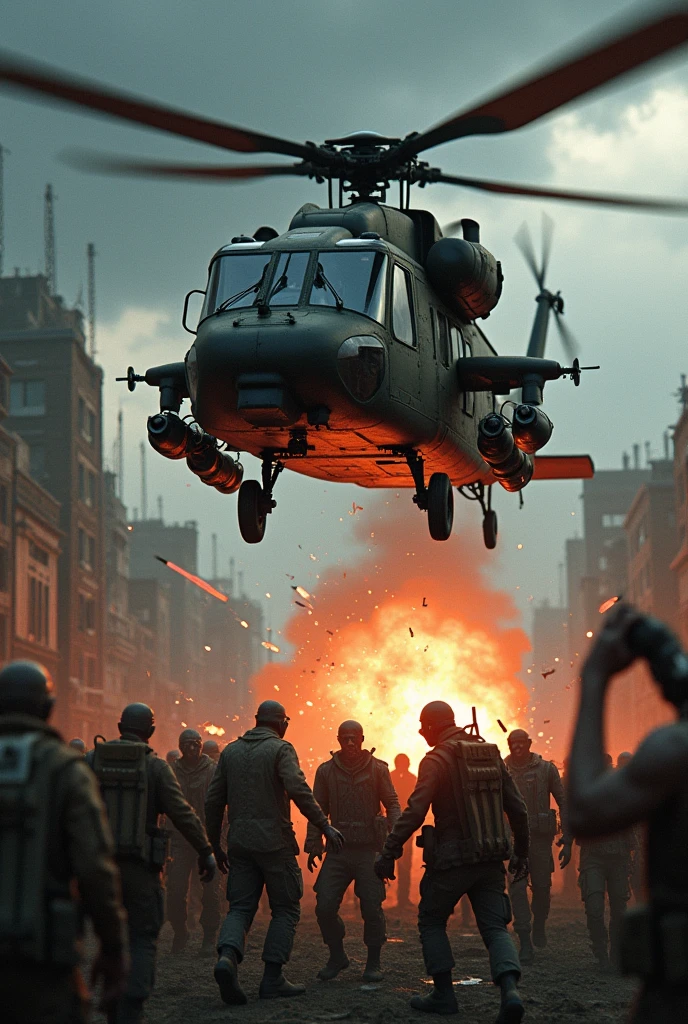 A UH-60 Black Hawk helicopter fires on a horde of zombies 



