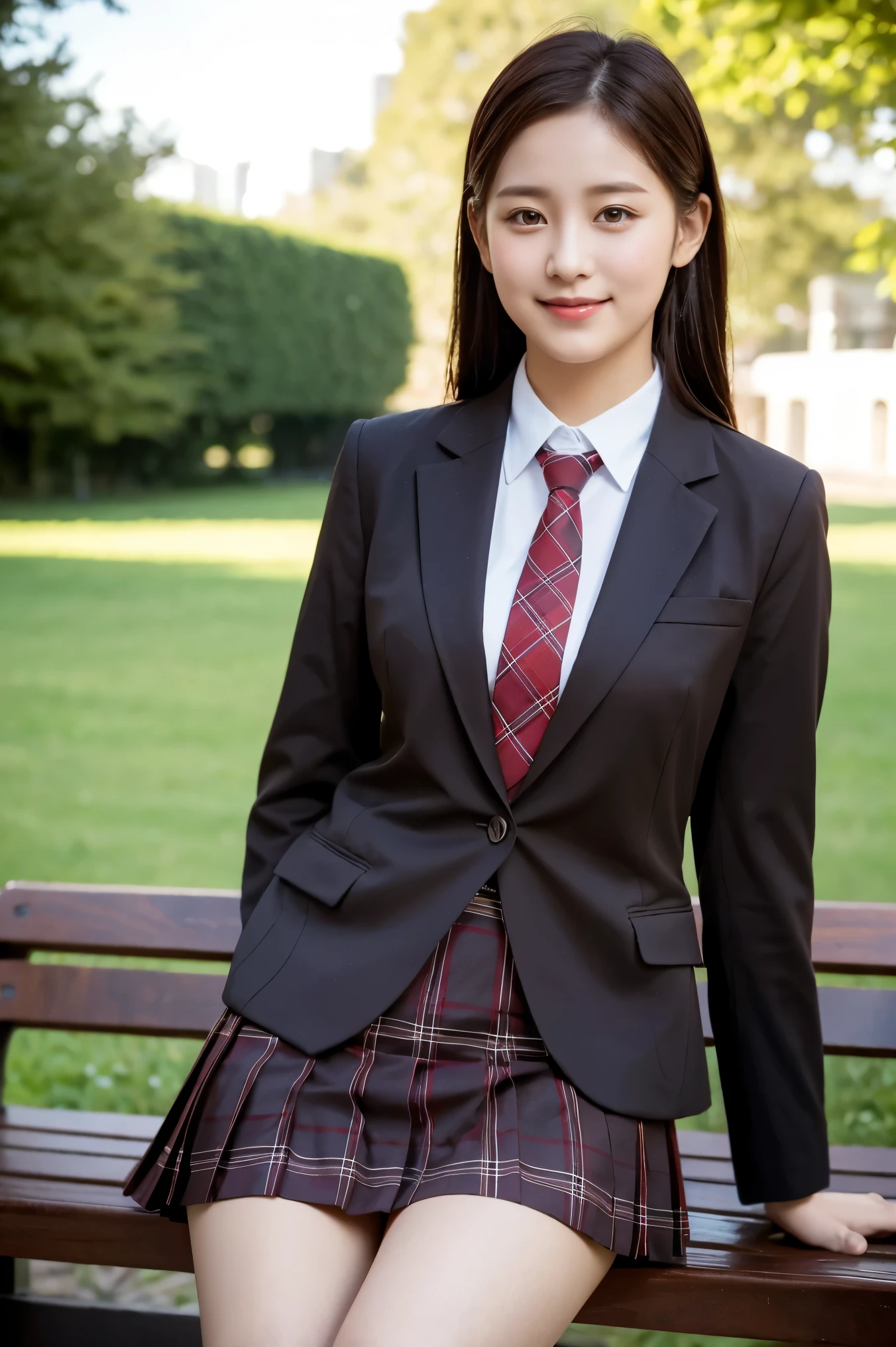 (8K), (highest quality: 1.2), (realistic), (realistic: 1.37), ultra high resolution, 1 girl, cute, smile, closed mouth, beautiful details, beautiful nose, wet hair, giant dulcefo, pork, thighs,self snap,University Student Uniform,sunny day,I can see the sea,sit on a bench in the park,(Simple light brown blazer 1),(dark brown pleated skirt),dark red tie,(The pattern of the skirt and tie is a tartan check pattern...:1.3),thighsとニーハイタイツ