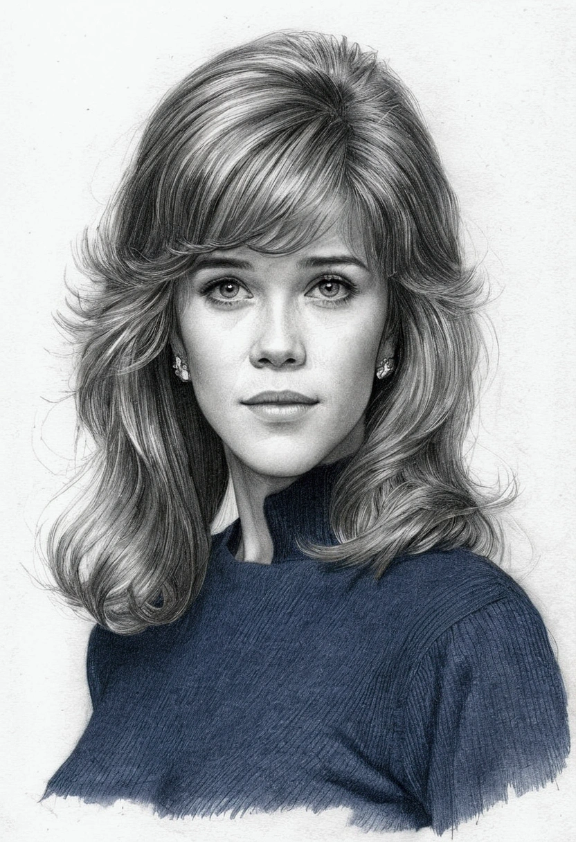A delicate, graphite sketch portrays, young beautiful Jane Fonda look, medium firm breasts, without background, The framing is tight, focusing attention on the subject's serene face. long simple straight and black hair, wear dark blue sweater