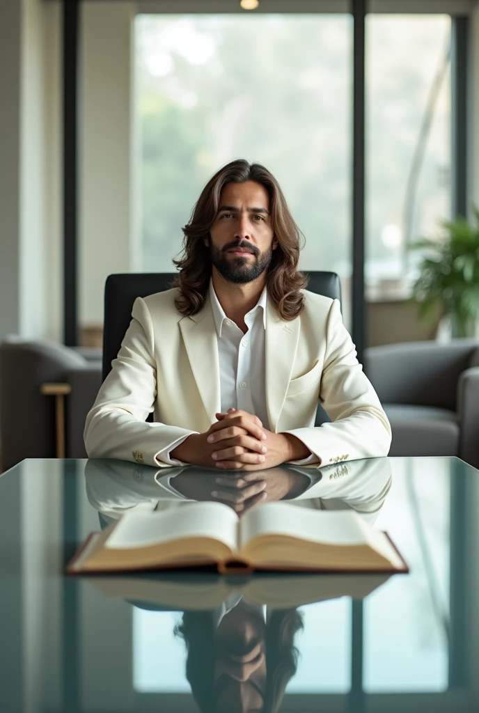 The image depicts Jesus Christ seated at the head of a conference table in a modern corporate environment.. He wears an elegant white suit, which contrasts with his serene and divine presence. On the glass table, there is an open Bible in front of him, symbolizing wisdom and spirituality. The meeting room is well lit, with large windows that let natural light in, creating a peaceful and welcoming atmosphere. The décor is sophisticated, with comfortable chairs around the table and modern design elements. Jesus&#39; expression is calm and focused, as if engaged in an important discussion, conveying a feeling of peace and leadership.

