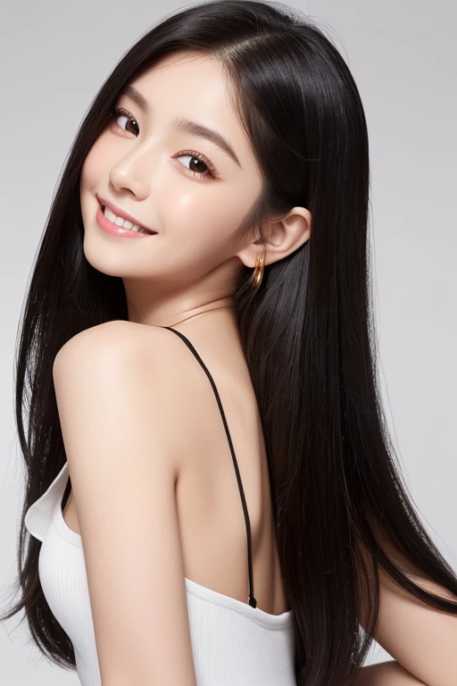 masterpiece、Highest quality、High definition、1 girl、(Photorealistic:1.4)、solo、White background、Pure white background、Close your mouth、A happy smile、Laughing happily、Beautiful black hair、Long Hair -、Big eyes、Prominent double eyelids、Eyelashes、Put out your ears、Long neck、skirt、((Face close up))、(head、Draw the entire shoulder)、29-year-old、Attractive proportions、Glowing Skin、Beautiful collarbone、Golden ratio face、Perfect Face、Beautiful Hair、Straight hair、Lip gloss、Thin lips、Pale skin、Square Image