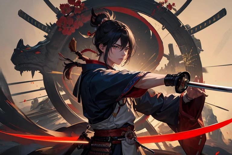 (Highest quality、 8k 、masterpiece、High resolution)、Japanese Samurai、1. Man、Master swordsman of the Edo period、Musashi Miyamoto、Dual-wielding master、Holding a sword in both hands、Official Art、Detailed CG、
