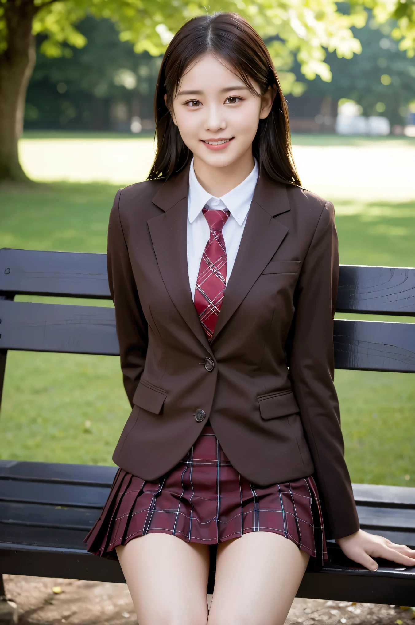 (8K), (highest quality: 1.2), (realistic), (realistic: 1.37), ultra high resolution, 1 girl, cute, smile, closed mouth, beautiful details, beautiful nose, wet hair, giant dulcefo, pork, thighs,self snap,University Student Uniform,sunny day,I can see the sea,sit on a bench in the park,(Simple light brown blazer 1),(dark brown pleated skirt),dark red tie,(The pattern of the skirt and tie is a tartan check pattern...:1.3),thighsとニーハイタイツ