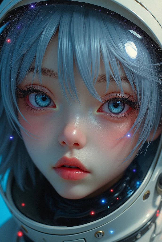 (Close-up of a better masterpiece:1.5)0.9], (Space and astronauts:1.2) (Messy silver hair:1.1) (Heterochromia xanthochromia and blue eyes:1.2) (Space Helmet:1.0) (Colored stars in the eyes:1.0) (A radiant glow:1.1) (thick lips:0.9)