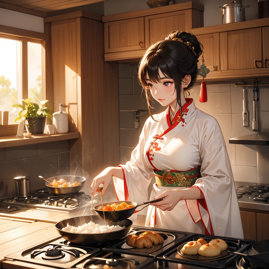 Beautiful girl in ancient Chinese costume Standing in the kitchen in the middle of the day, frying dough sheets in front of the stove. The sun shines on my face, and my eyes sparkle. There is a place for steaming steamed buns nearby.