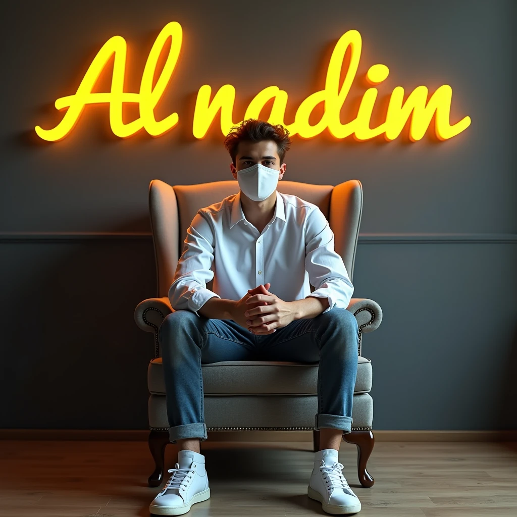 Create a 3D illusion for a profile picture where a 25 year old cute boy in a white shirt sitting casually on a wingback chair. Wearing sneakers. he looks aheab. the background features "Al nadim" in big and capital yellow neon light fonts on the dark grey wall. There should not be his shadow. And there are Wings to make it appear as it he is an angel hi is wearing a mask