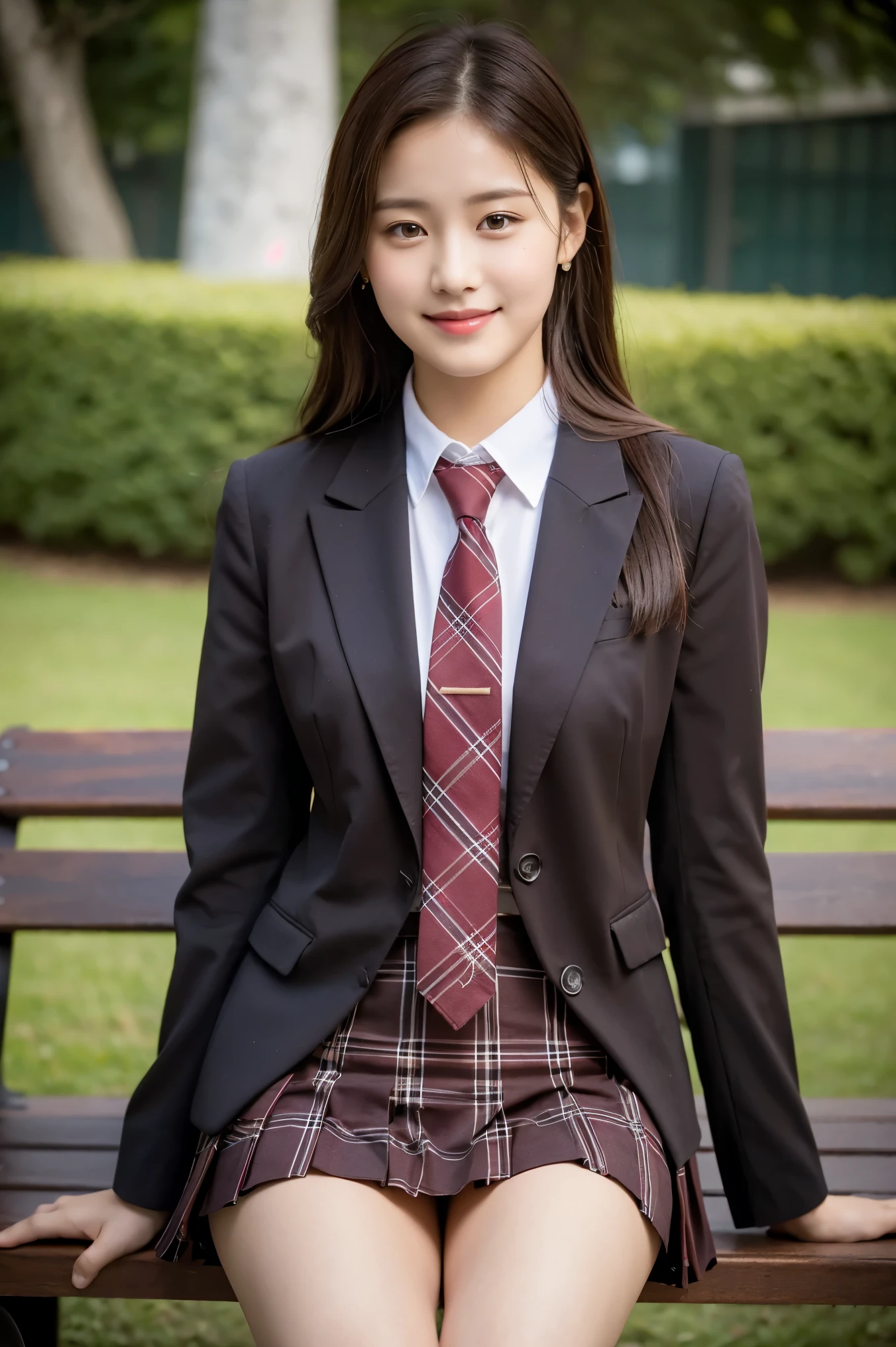 (8K), (highest quality: 1.2), (realistic), (realistic: 1.37), ultra high resolution, 1 girl, cute, smile, closed mouth, beautiful details, beautiful nose, wet hair, giant dulcefo, pork, thighs,self snap,University Student Uniform,sunny day,I can see the sea,sit on a bench in the park,(Simple light brown blazer 1),(dark brown pleated skirt),dark red tie,(The pattern of the skirt and tie is a tartan check pattern...:1.3),thighsとニーハイタイツ