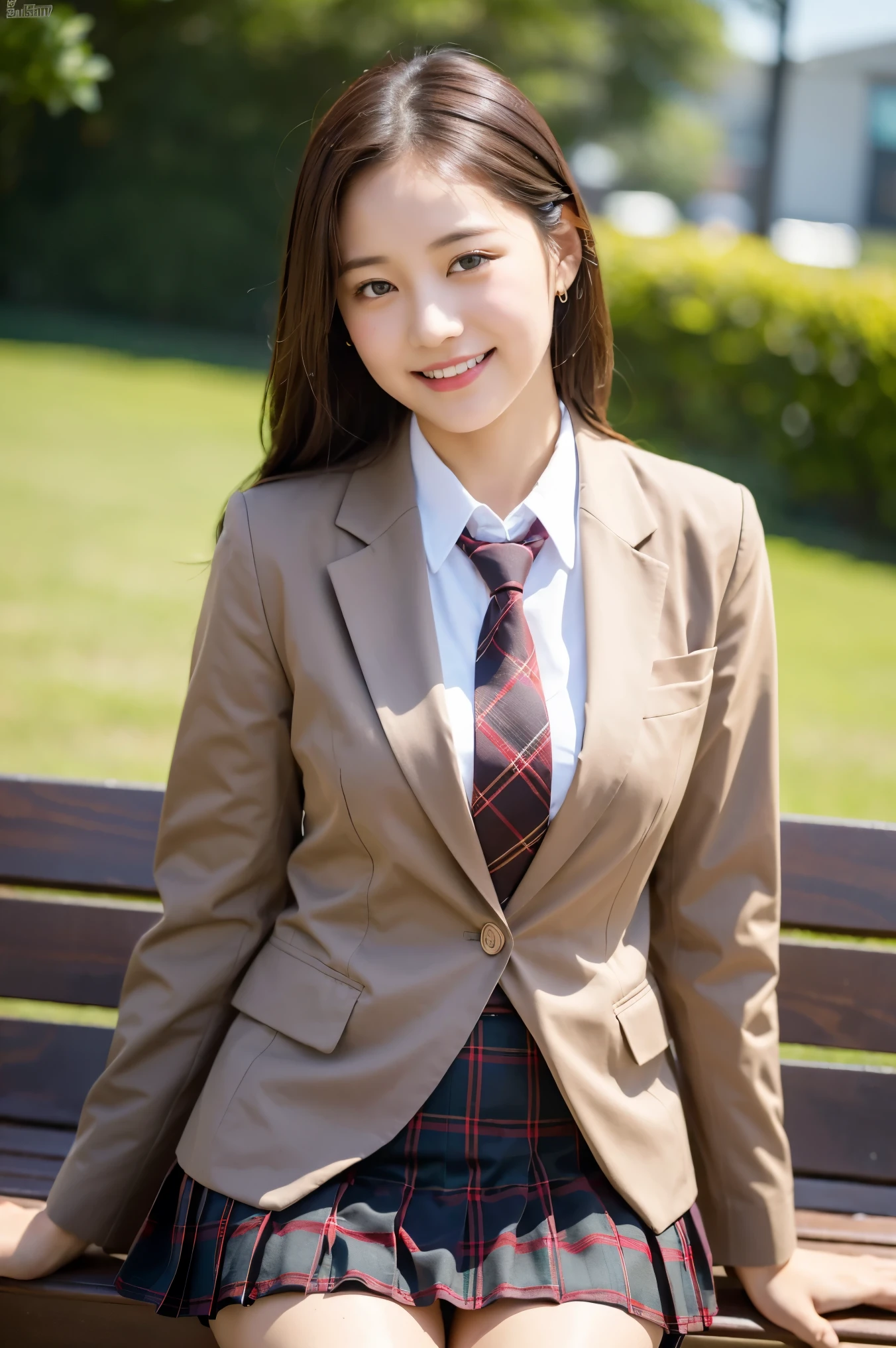 (8K), (highest quality: 1.2), (realistic), (realistic: 1.37), ultra high resolution, 1 girl, cute, smile, closed mouth, beautiful details, beautiful nose, wet hair, giant dulcefo, pork, thighs,self snap,University Student Uniform,sunny day,I can see the sea,sit on a bench in the park,(Simple light brown blazer 1),(dark brown pleated skirt),dark red tie,(The pattern of the skirt and tie is a tartan check pattern...:1.3),thighsとニーハイタイツ