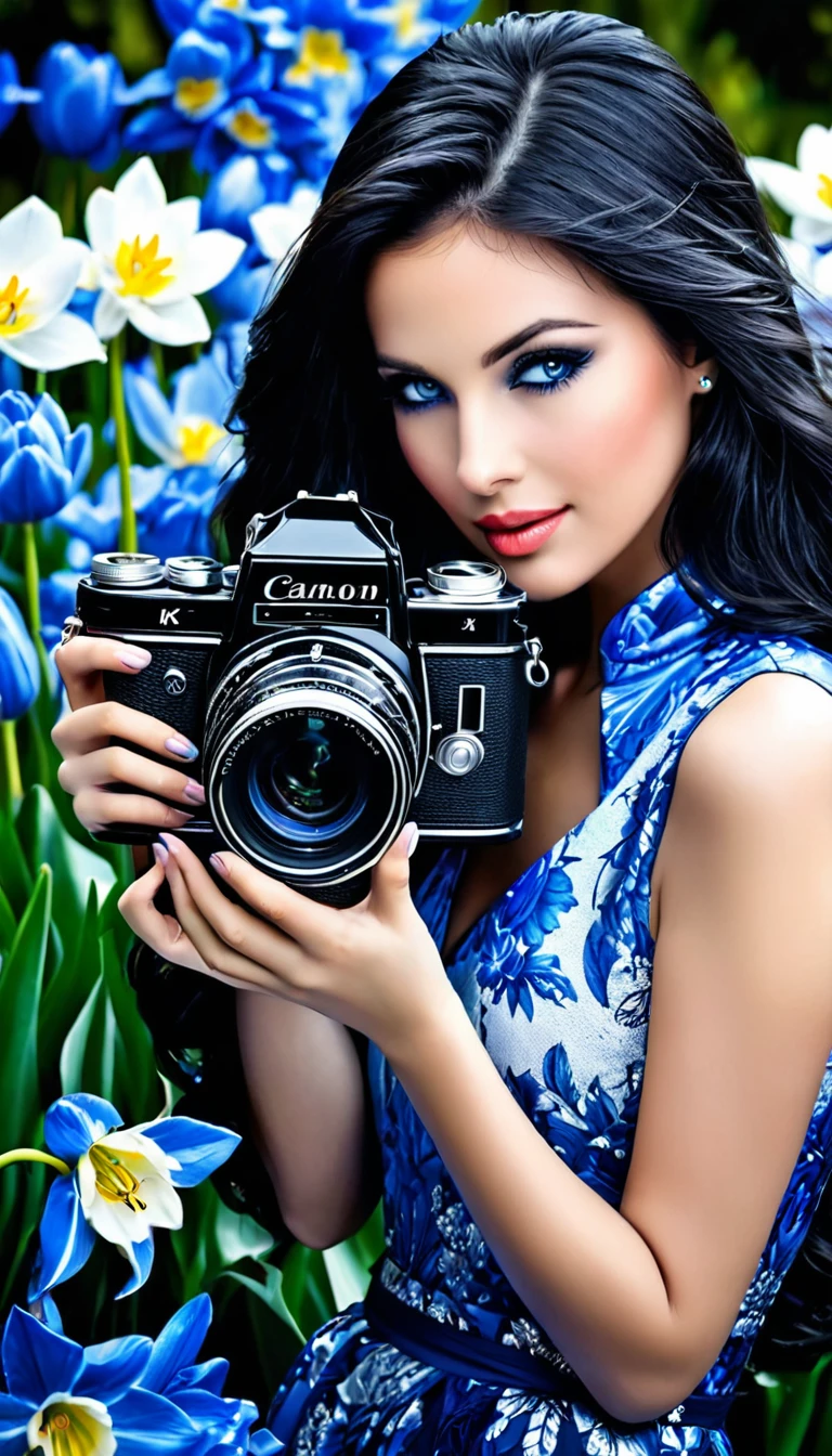 (Photo noir et blanc et bleu profond), une femme aux yeux bleus sublimes, (longs cheveux aux reflets bleus électriques très détaillés), une peau impeccable, tir à moitié du corps, tenant une tulipe darkblue, intensité du regard captivant, style de photographie fantaisiste, capturé avec un appareil photo Arriflex 35BL utilisant des objectifs Canon K25, Cinématique, Éclairage dramatique, Extrêmement clair, masterpiece surréaliste à couper le souffle.
