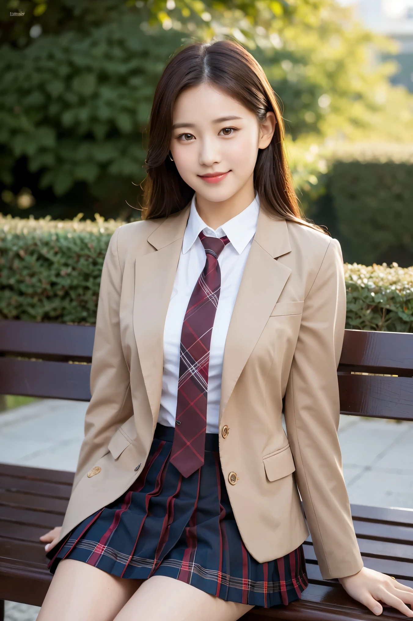 (8K), (highest quality: 1.2), (realistic), (realistic: 1.37), ultra high resolution, 1 girl, cute, smile, closed mouth, beautiful details, beautiful nose, wet hair, giant dulcefo, pork, thighs,self snap,University Student Uniform,sunny day,I can see the sea,sit on a bench in the park,(Simple light brown blazer 1),(dark brown pleated skirt),dark red tie,(The pattern of the skirt and tie is a tartan check pattern...:1.3),thighsとニーハイタイツ