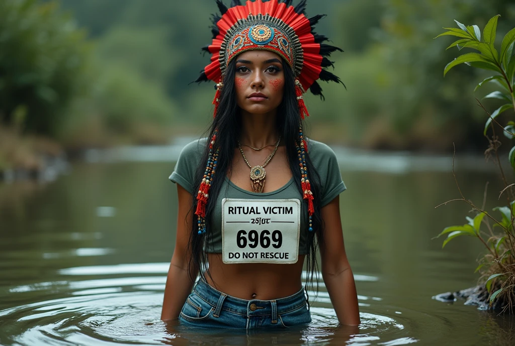 extremely detailed woman in jeans and t-shirt, plastic small race bib "RITUAL VICTIM 6969 DO NOT RESCUE",  is victim of ritual, drowning in bog, in the middle of a bog, sexy photoshoot posing, wearing a beautiful headdress and traditional indigenous makeup. red, green, blue