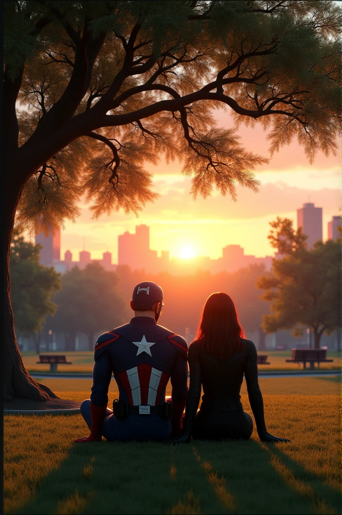 Captain America and black widow sitting under a tree in a park , watching sun set together
