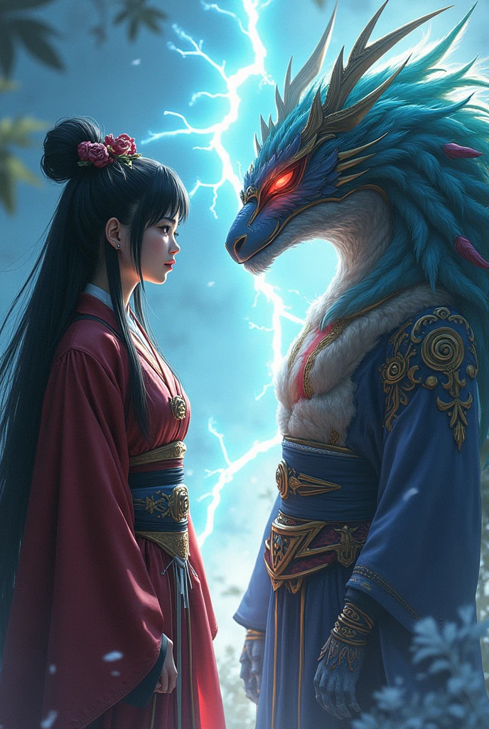 Raiden Shogun and Quetzalcoatl human version sitting talking anime version 