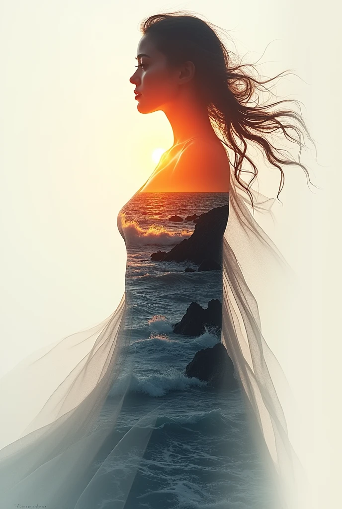 high quality, 8K Ultra HD, A beautiful double exposure that combines an goddess silhouette with sunset coast, sunset coast should serve as the underlying backdrop, with its details incorporated into the goddess , crisp lines, The background is monochrome, sharp focus, double exposure, by yukisakura, awesome full color,