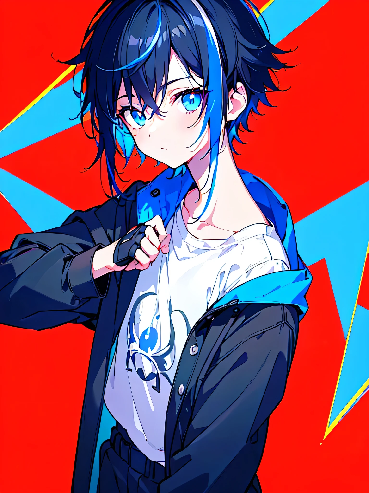 [(RED BACKGROUND:1.5),::5], ((((masterpiece)))), high quality, ultra very high resolution, full color, (((solo))), ((little boy)), BLACK short hair, ((Blue streaked hair)), (oriental deepblue eyes), anime, ((upper body)), Summer clothes, neon light, black parka,
