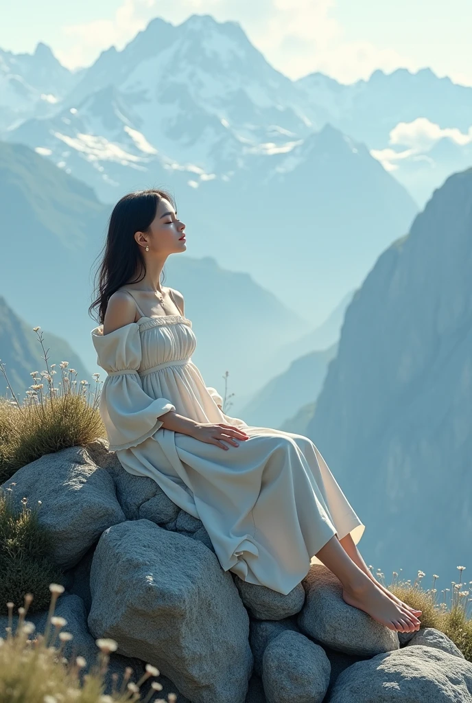 A woman is lying on the mountain