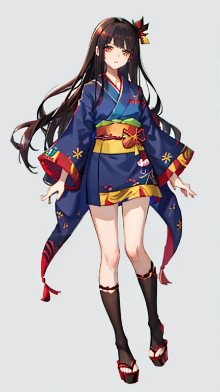 Nezuko Kamado has long, black hair with reddish-brown tips, typically tied up. She wears a blue kimono with a green ribbon and a dark yellow haori. Her eyes are warm brown